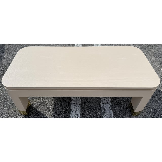 Karl Springer Style Grasscloth & Brass Coffee Table For Sale - Image 9 of 10