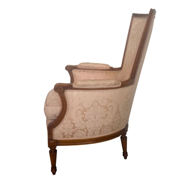 French 1950's French Bergere Damask Apricot Lounge Chair For Sale - Image 3 of 9