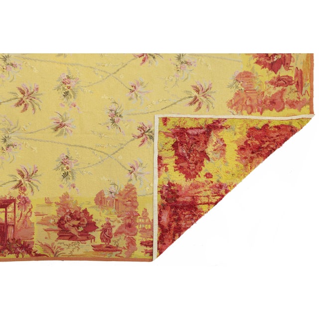 Chinoiserie Vintage French Style Needlepoint Yellow Wool Rug With Chinoiserie Toile Border For Sale - Image 3 of 13