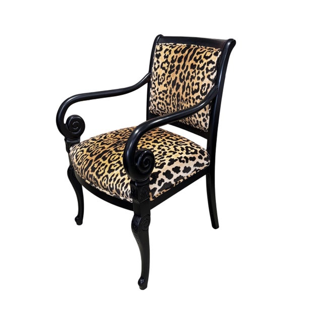 Black Elegant Vintage French Style Black Lacquer Wood Armchair W/Animal Print For Sale - Image 8 of 9