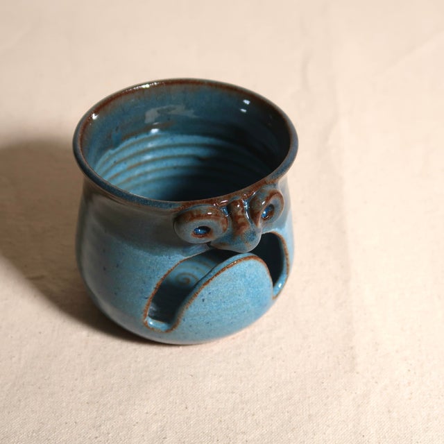 Handmade in Pennsylvania MudWorks Pottery Blue Stoneware Candle Holder With Sad Face For Sale In Tulsa - Image 6 of 11