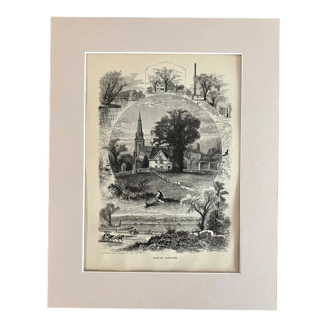 Antique 1874 Wood Engraving, "Boston Suburbs ", MA in Frame-Ready 11x14 Mat For Sale
