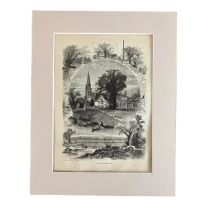 Antique 1874 Wood Engraving, "Boston Suburbs ", MA in Frame-Ready 11x14 Mat
