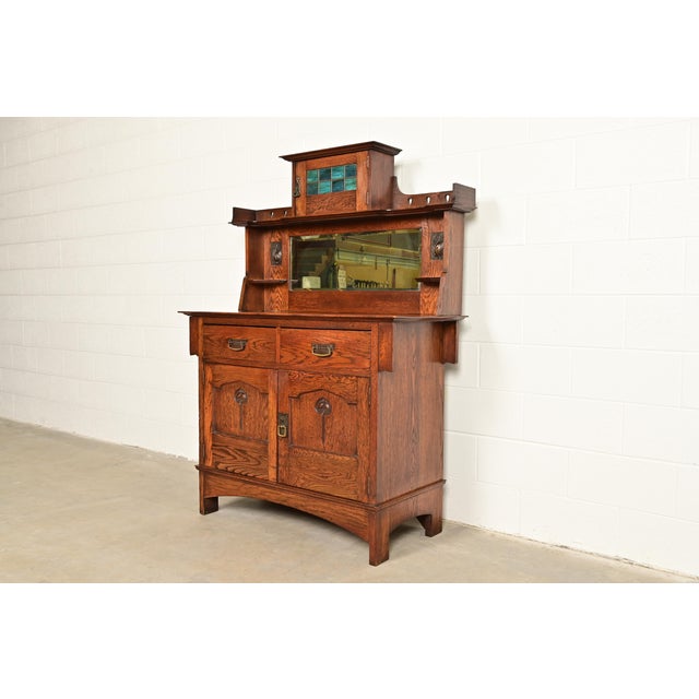 Mission Liberty & Co. Antique English Arts & Crafts Oak Sideboard With Stained Glass Door, Circa 1900 For Sale - Image 3 of 16
