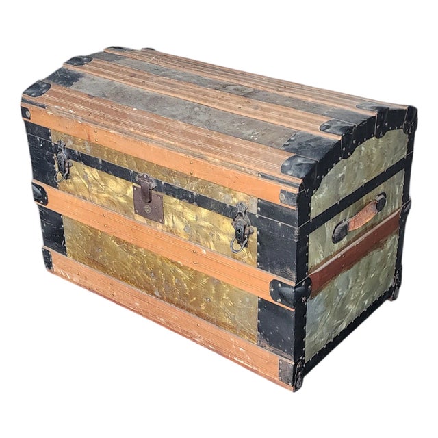 Antique Victorian Era Metal & Wooden Strap Steamer Dome Top Travel Trunk Chest , 1890s For Sale