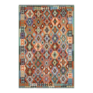 1990s Kilim Rust Blue Wool Rug - 6'9" X 9'9"