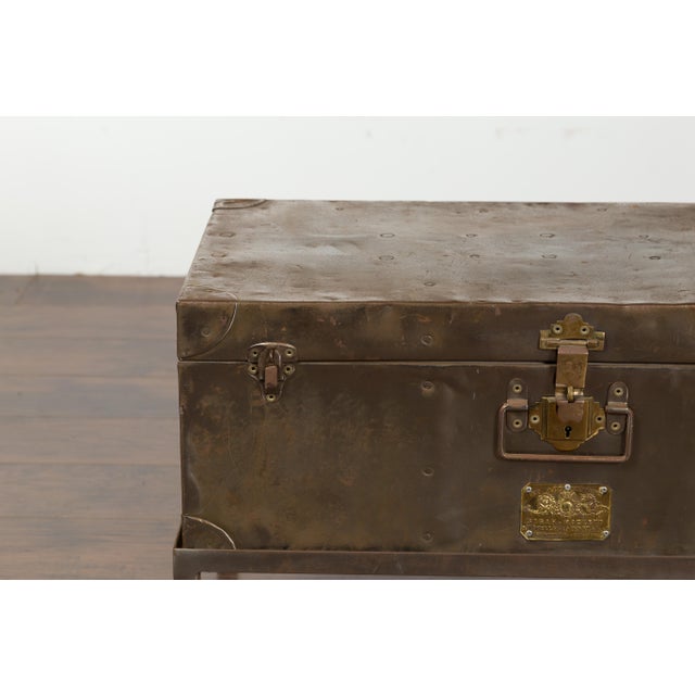Metal English 1920s Sarah Rackett Metal Trunk with Handles Mounted on New Custom Stand For Sale - Image 7 of 12