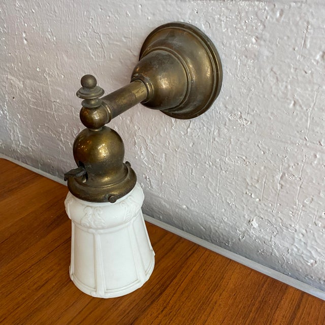 Antique Industrial Brass Wall Sconce With Frosted Glass Shade For Sale - Image 10 of 13