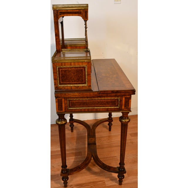 1900s Antique French Louis XVI Burl Walnut Satinwood Inlay Writing Desk For Sale - Image 9 of 18