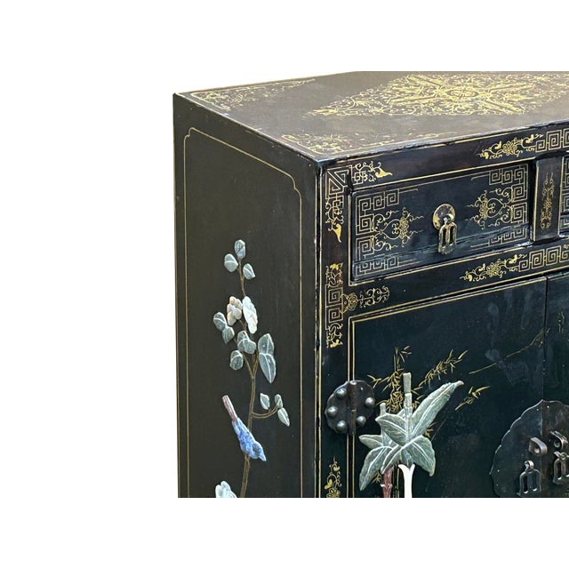 Wood Vintage Chinoiseries Black & Stone Inlay Graphic End Table Nightstand For Sale - Image 7 of 15