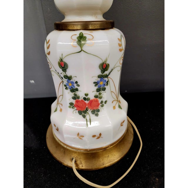 White Vintage 1970s Bohemian White Milk Glass With Handpainted Flowers Lamp For Sale - Image 8 of 10