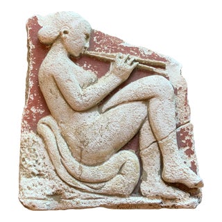 Vintage Petite Plaster Relief- Woman Playing Instrument For Sale