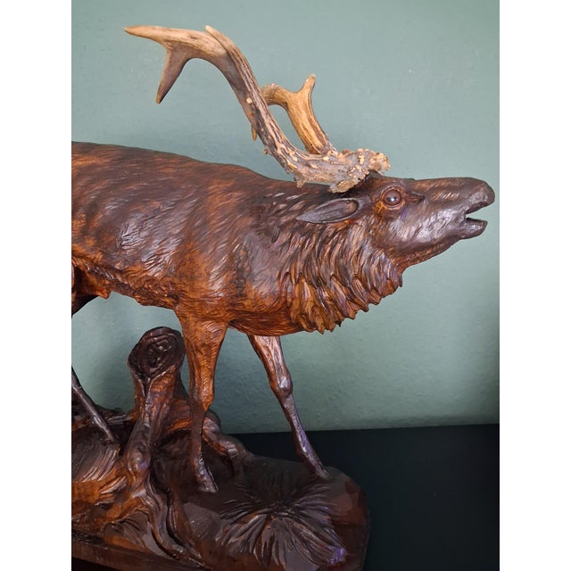 Antique Black Forest Glass and Carved Wood Sculpture of a Roaring Stag, 1950s For Sale - Image 4 of 10