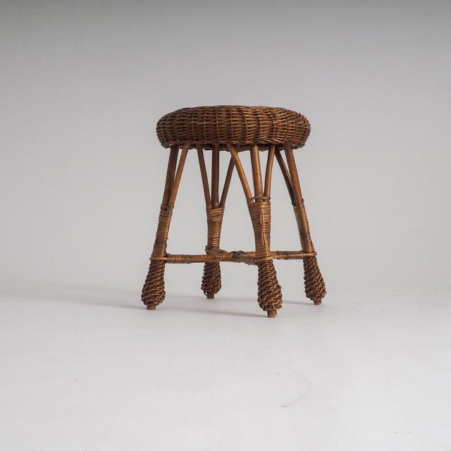 Boho Chic Vintage Rattan & Wicker Stool, 1970s For Sale - Image 3 of 13