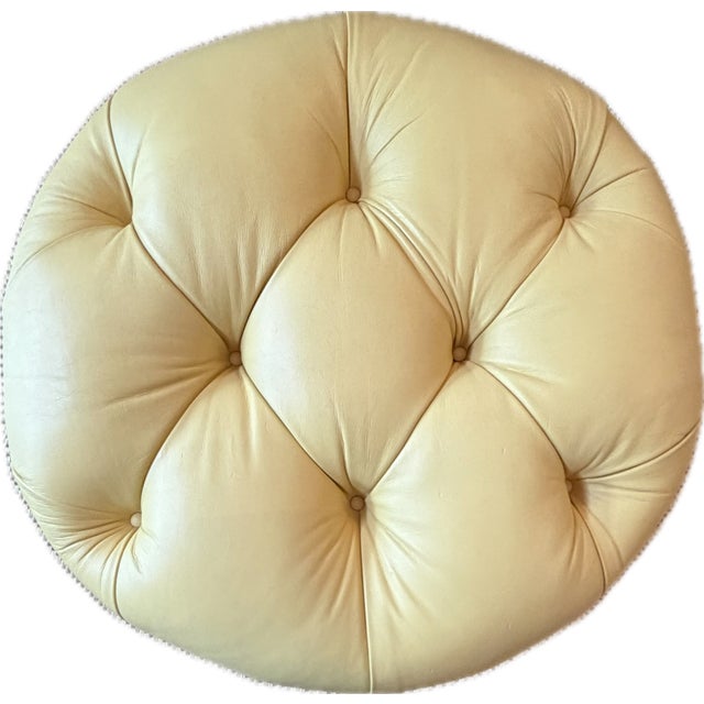 Custom Butter Yellow Tufted Leather Ottoman, Footstool For Sale - Image 4 of 18