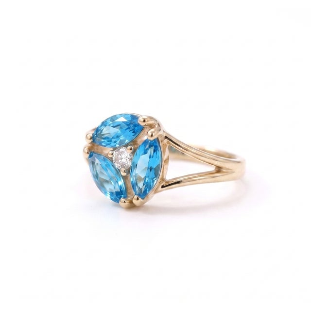 Contemporary Blue Topaz Flower Ring | Unique Split Shank Promise Ring | December Birthstone Ring Us 7 For Sale - Image 3 of 3