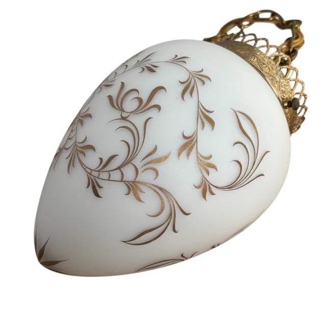 Vintage Hollywood Regency MCM Brass Gold Crown Frosted Glass Almond Shape Pendant Lights For Sale - Image 4 of 10