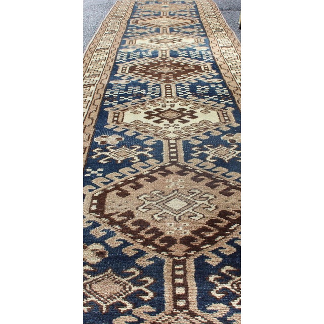 Textile Antique Blue Tribal Karajeh Runner With Navy Blue, Brown and Earth Tones For Sale - Image 7 of 13