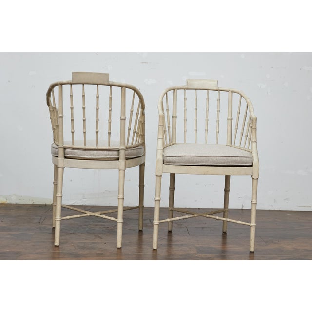 Cream Late 20th Century Baker Furniture Faux Bamboo Accent Chairs with Upholstered Linen Cushions, Pair For Sale - Image 8 of 12