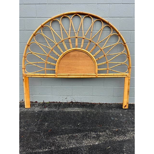 Wood Vintage Boho Chic Sunburst Bent Rattan King Headboard For Sale - Image 7 of 8