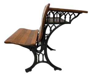 Antique Combination School Desk and Seat Unit, Cast Iron and Hardwood