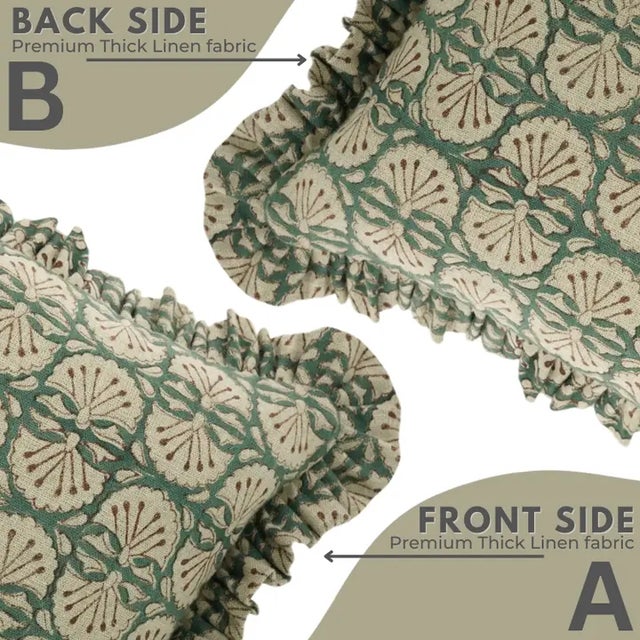 Not Yet Made - Made To Order Fabdivine Handmade Block Printed Frill Cushion Cover Green 14x36 Inch Thick Linen- Bejhni For Sale - Image 5 of 5