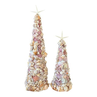 Custom Coastal Organic SculpturauSeashell Holiday Cone Trees – Pair For Sale