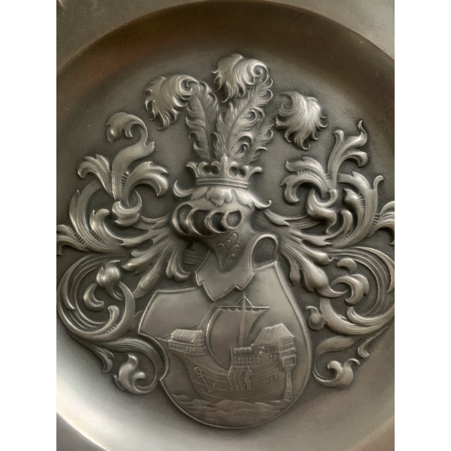 Mid-Century European Pewter Heraldic Wall Plate With Ship Crest For Sale - Image 4 of 12