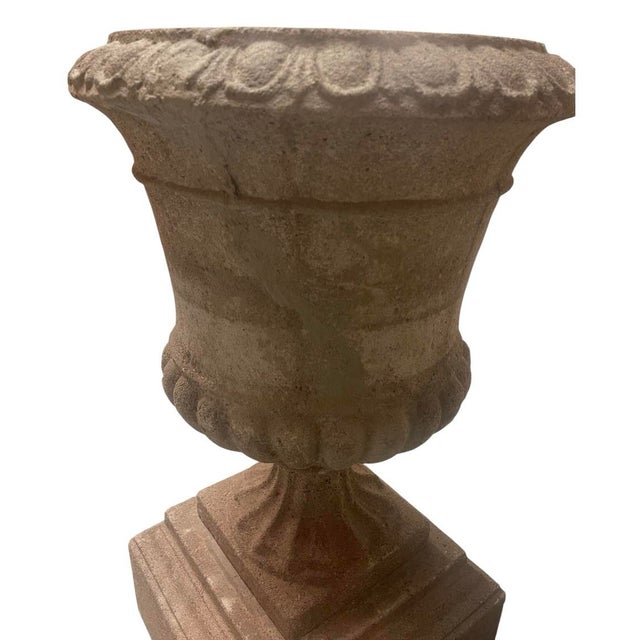 Stone Pair of Neoclassical Style Weathered Cast Stone Campana Urns on Pedestals For Sale - Image 7 of 12
