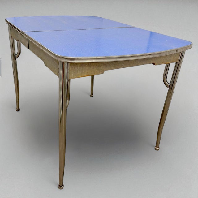 1950s Vintage 1950s Blue Formica Kitchen Table W/ Leaf & Chair – Chrome Legs – Mid Century Dinette Set – Atomic Style – Expandable For Sale - Image 5 of 9