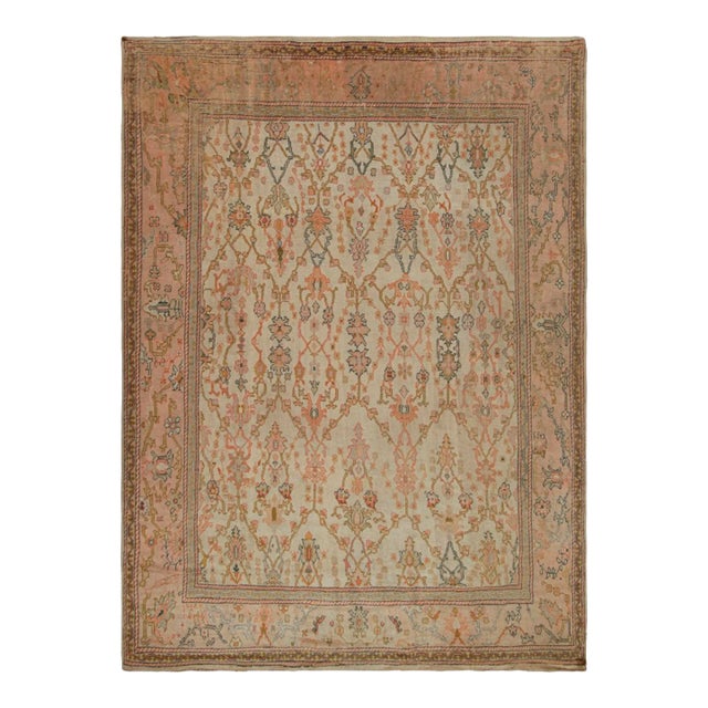 Antique Oushak Rug in Beige and Pink With Floral Patterns For Sale