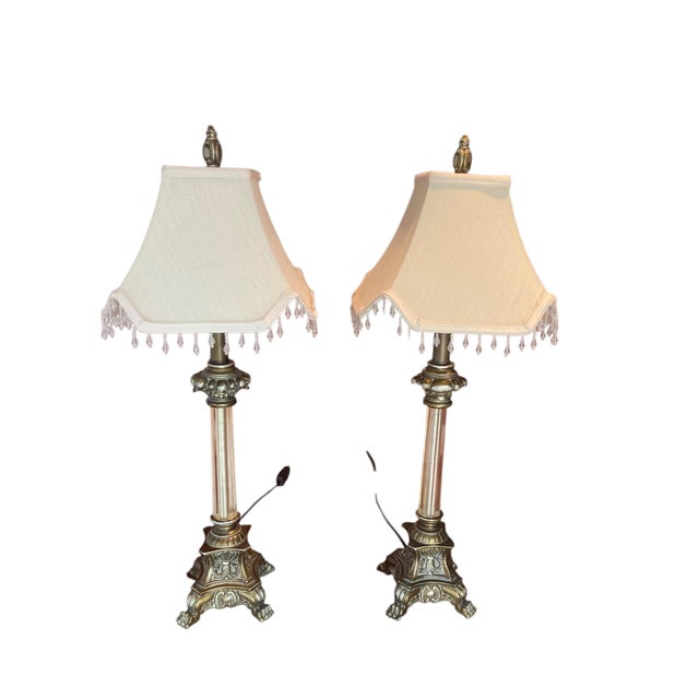 Regency Style Table Lamps with Neoclassical Bases, Paw Feet and Cream Fabric Shades with Beaded Fringe, 1980, Set of 2 For Sale - Image 10 of 10