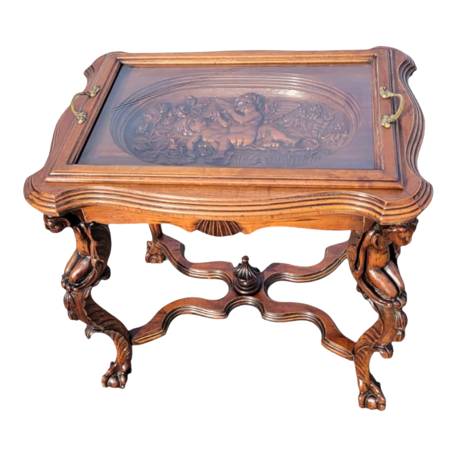 1920 Ornate Carved Angel Display Table With Glass Top and Sculptural ...