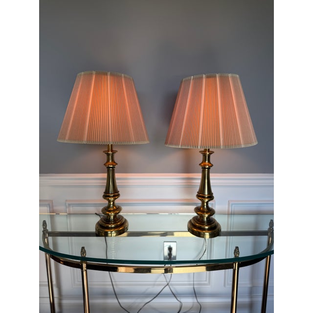 1970s Vintage Stiffel Hollywood Regency Solid Brass Table Lamps w/ Shade – a Pair For Sale - Image 5 of 12
