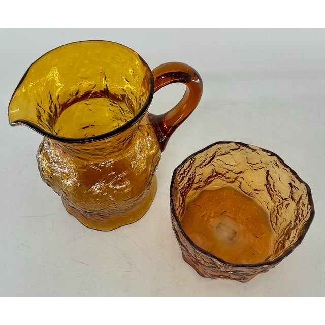 Vintage Mid Century Morgancetown Crinkled Amber Glass Pitcher and Ice Bucket Set For Sale - Image 4 of 9