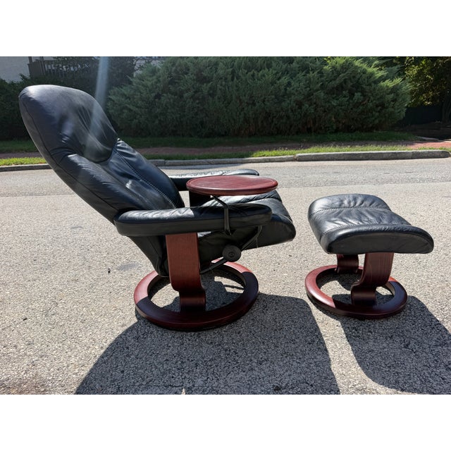 Wood Black Leather Ekornes Stressless Chair & Ottoman For Sale - Image 7 of 12