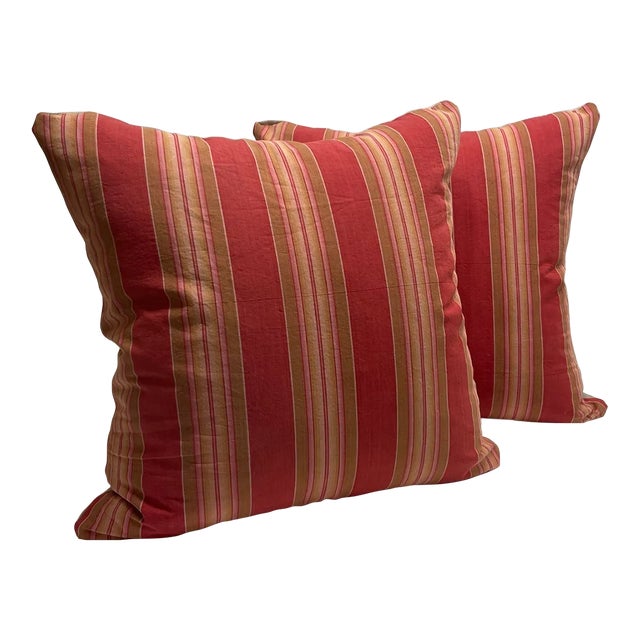 Pair of Pillow Covers Made Out Vintage French Ticking Fabric Fragment Brick Red For Sale