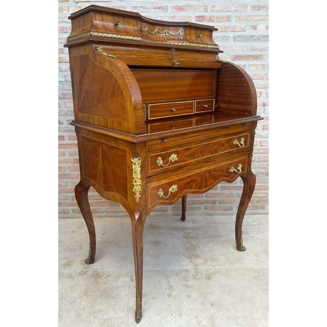 1930s French Louis XV Style Marquetry Bureau With Brass Mounts For Sale - Image 6 of 11