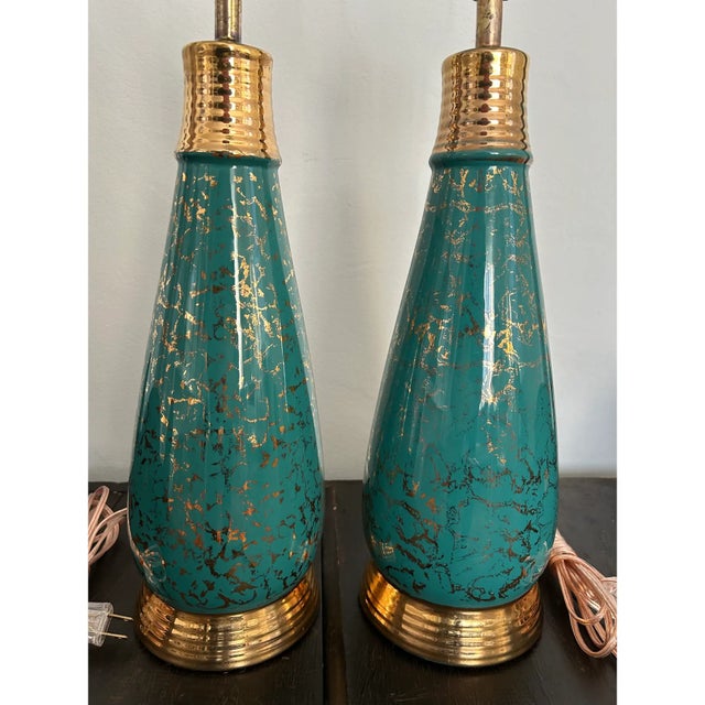 Mid-Century Modern Vintage Mid-Century Modern Ceramic Table Lamps in Turquoise and Gold - A Pair For Sale - Image 3 of 8