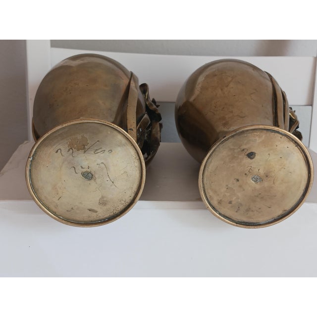 Metal Antique Pair Japanese Bronze Iris Vases 19th C. Meiji Period Signed For Sale - Image 7 of 10