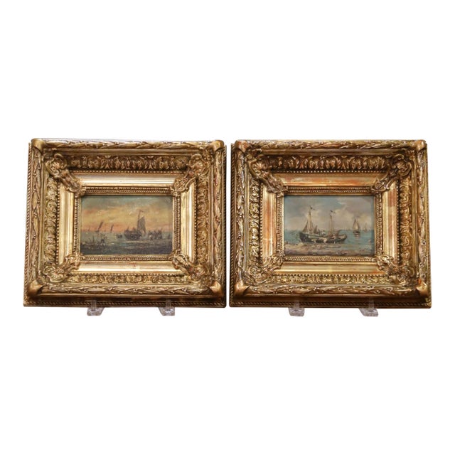 Pair of 19th Century French Marine Oil Paintings in Giltwood Frames, Dated 1878 For Sale