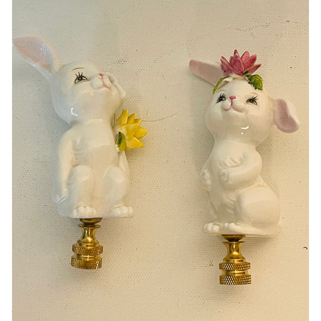 1970s Whimsical Porcelain Rabbit Pair Lamp Finials For Sale - Image 4 of 6