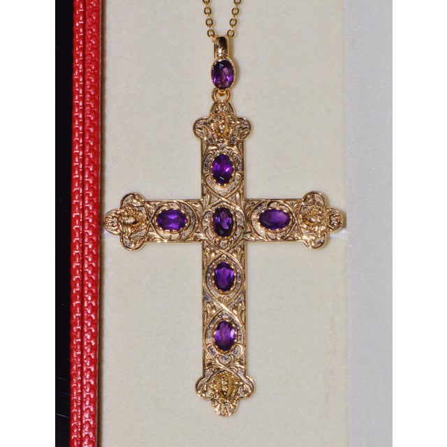 Certified Natural 2.95Cts Amethyst 18k 750 Solid Gold Engraved Cross Etruscan Pendant For Sale - Image 4 of 10