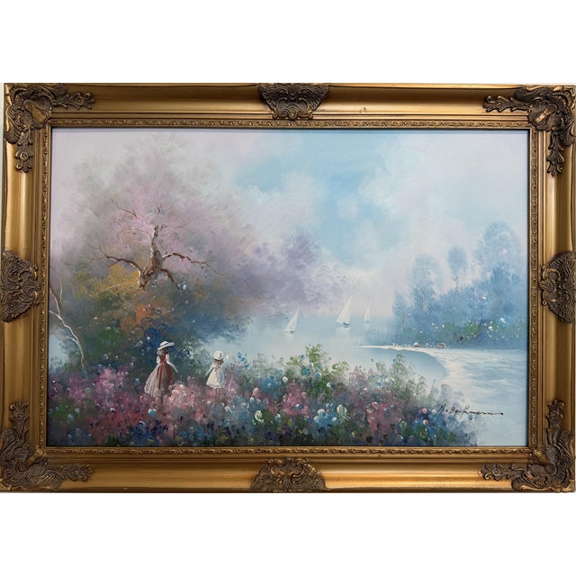 A beautiful large oil painting on canvas depicting a dreamy lakeside garden scene in a soft Impressionist style. The...