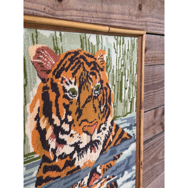 Chocolate Vintage Boho Safari Tiger Needlepoint Wall Art in Bamboo Trim Frame For Sale - Image 8 of 12