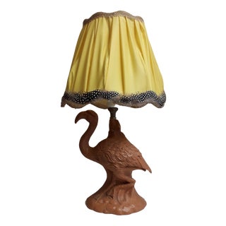 Vintage Table Lamp with Figurative Ceramic Foot, Dwarf Flamingo and Yellow Fabric Screen with a Feather, 1970s For Sale