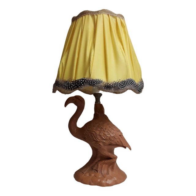Vintage Table Lamp with Figurative Ceramic Foot, Dwarf Flamingo and Yellow Fabric Screen with a Feather, 1970s For Sale