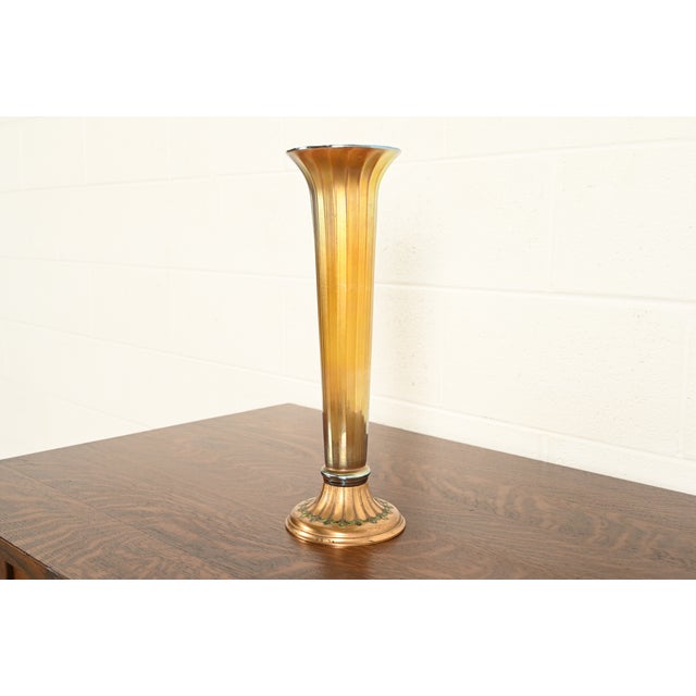 Louis Comfort Tiffany Furnaces Favrile Iridescent Art Glass Trumpet Vase on Bronze Doré Enameled Stand, 1920s For Sale - Image 11 of 11