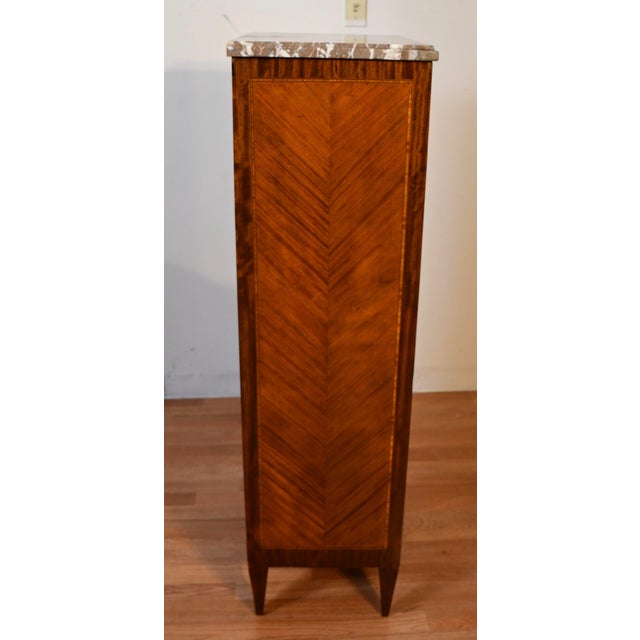 1900s Antique French Louis XVI Walnut Satinwood Inlay & Marble Top Cabinet For Sale - Image 9 of 12