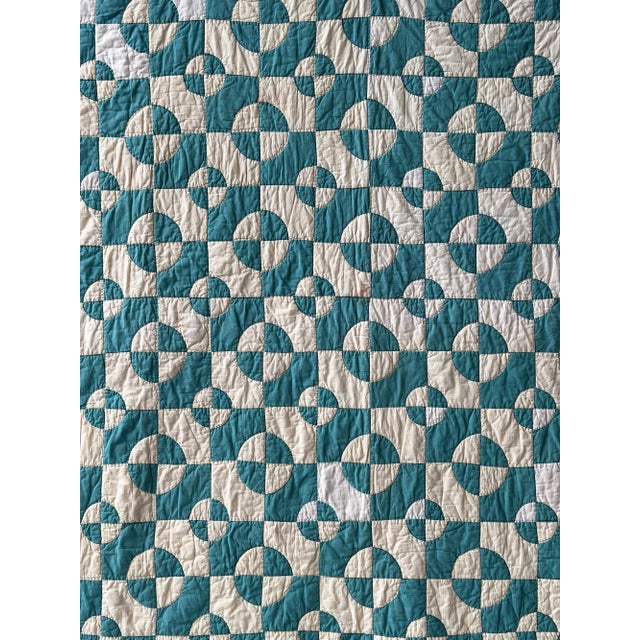 Teal Vintage Teal + Soft Yellow Cotton Drunkard's Path Circle Quilt, Circa 1930s-40s For Sale - Image 8 of 18